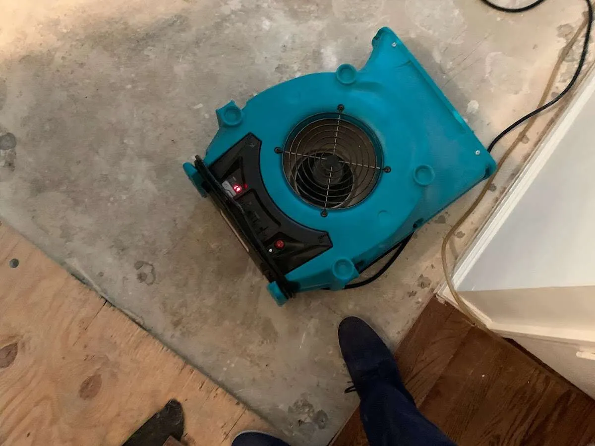 Air mover drying subfloor during Commercial Water Damage Restoration in Gilbert